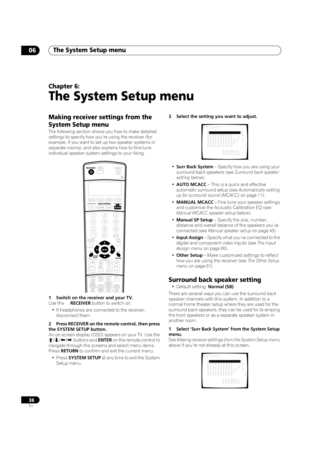 Pioneer VSX-1014TX manual System Setup menu Chapter, Making receiver settings from the System Setup menu 