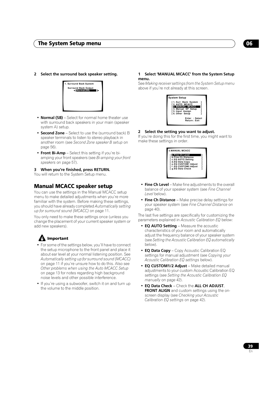 Pioneer VSX-1014TX manual System Setup menu, Manual Mcacc speaker setup, Select the surround back speaker setting 