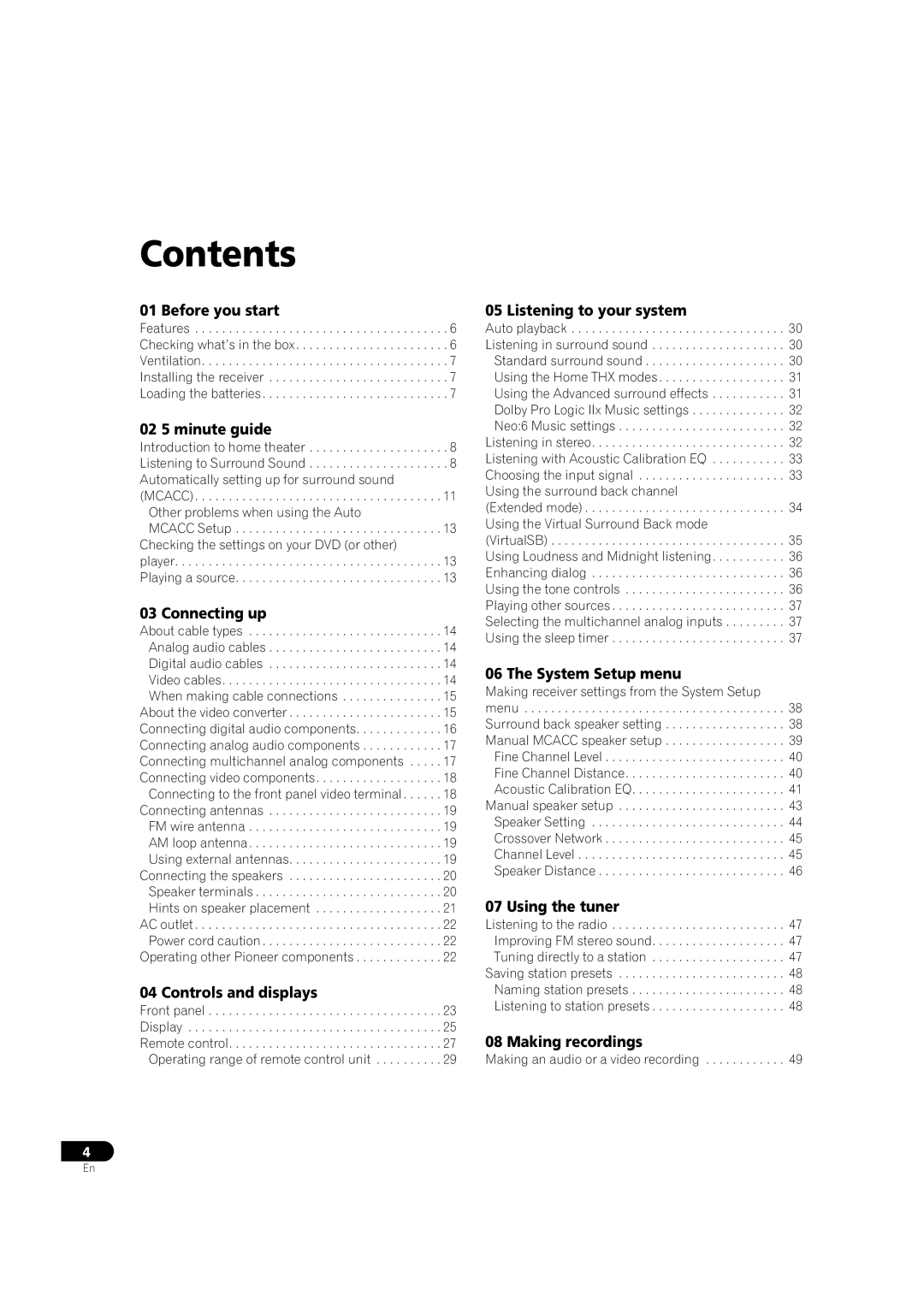 Pioneer VSX-1014TX manual Contents 