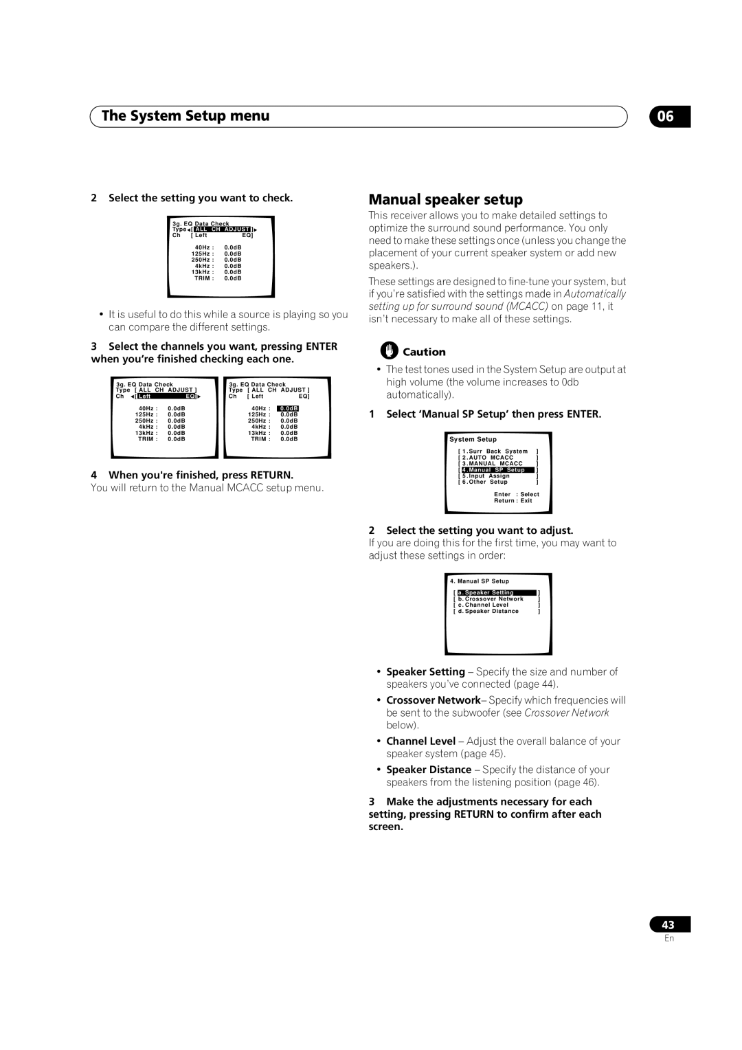 Pioneer VSX-1014TX Manual speaker setup, Select the setting you want to check, Select ‘Manual SP Setup’ then press Enter 