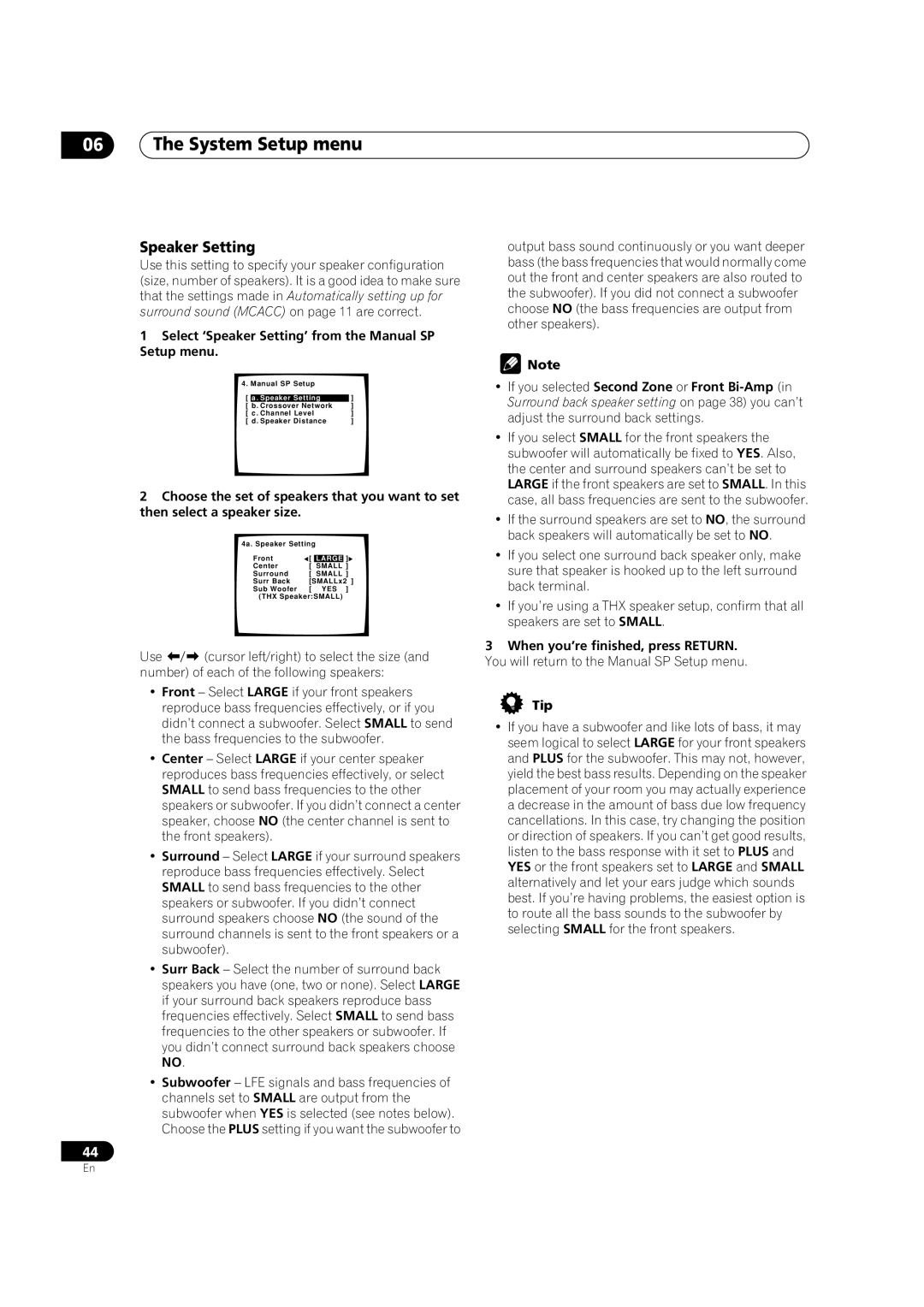 Pioneer VSX-1014TX manual Select ‘Speaker Setting’ from the Manual SP Setup menu 