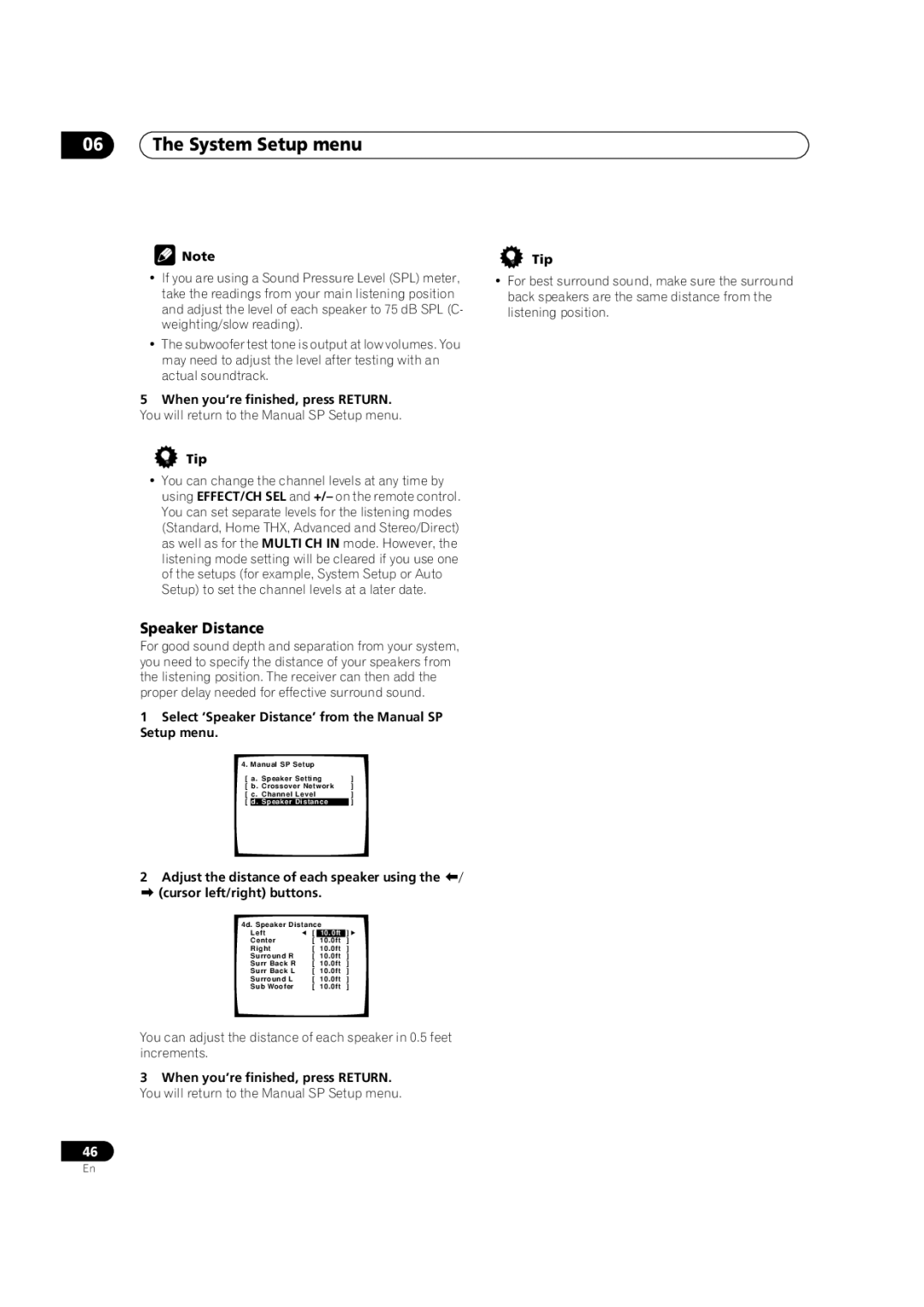 Pioneer VSX-1014TX manual Select ‘Speaker Distance’ from the Manual SP Setup menu 