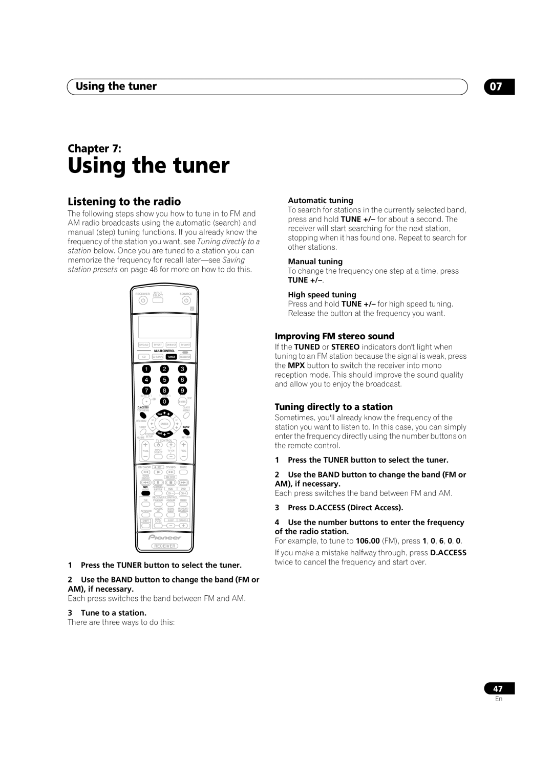 Pioneer VSX-1014TX manual Using the tuner Chapter, Listening to the radio, Improving FM stereo sound 