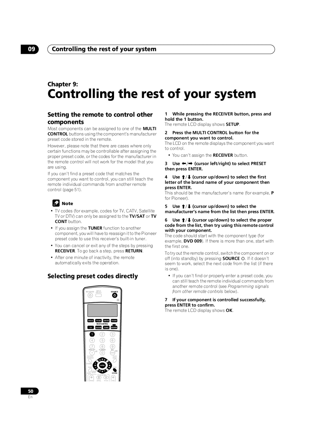 Pioneer VSX-1014TX manual Controlling the rest of your system Chapter, Setting the remote to control other components 