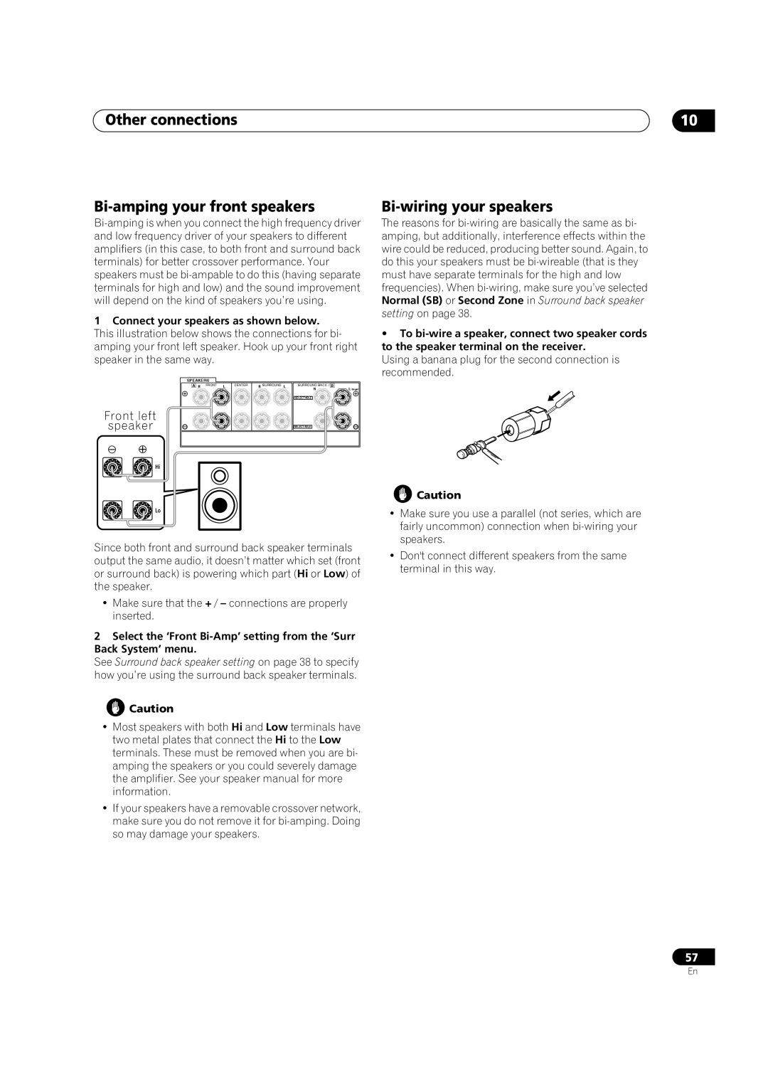 Pioneer VSX-1014TX manual Other connections Bi-amping your front speakers, Bi-wiring your speakers, Front left Speaker 