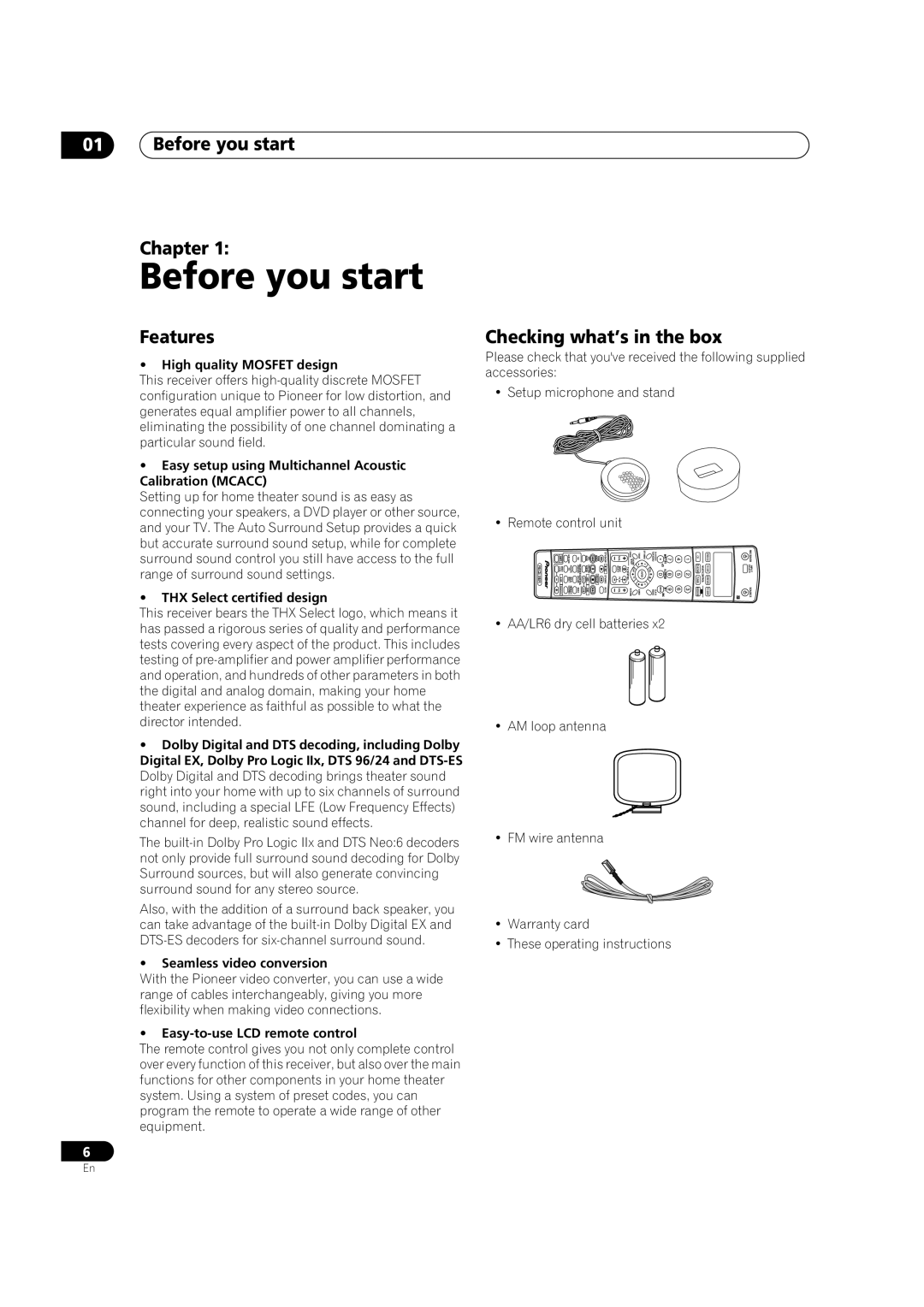 Pioneer VSX-1014TX manual Before you start Chapter, Features, Checking what’s in the box 