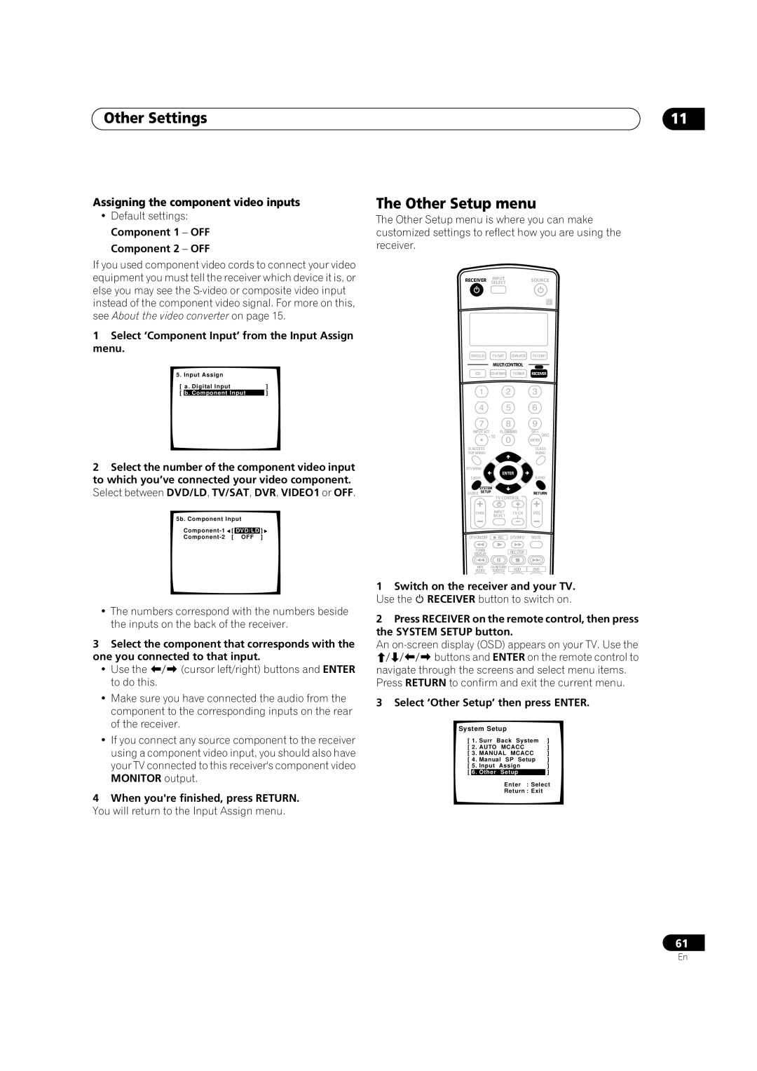 Pioneer VSX-1014TX manual Other Settings, Other Setup menu, Assigning the component video inputs 