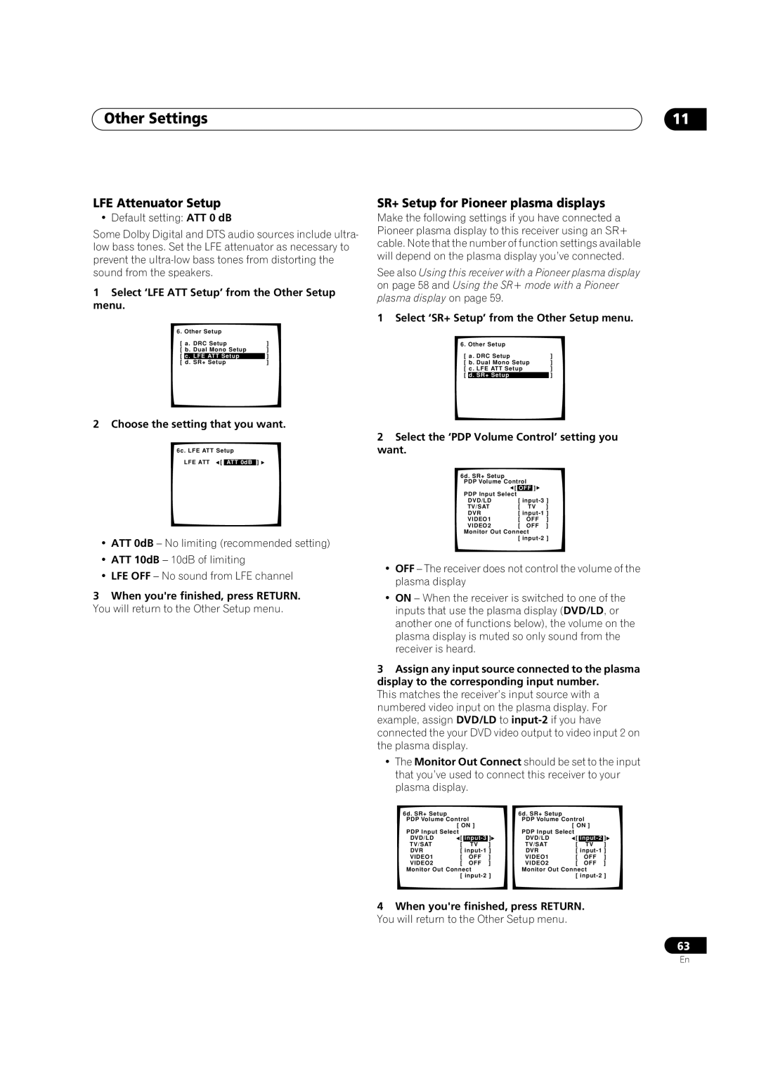 Pioneer VSX-1014TX manual LFE Attenuator Setup, SR+ Setup for Pioneer plasma displays 