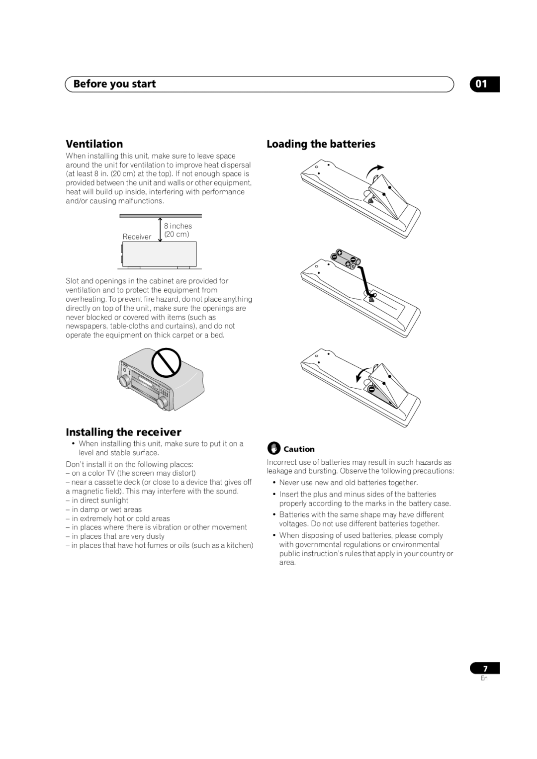 Pioneer VSX-1014TX manual Before you start Ventilation, Installing the receiver, Loading the batteries 