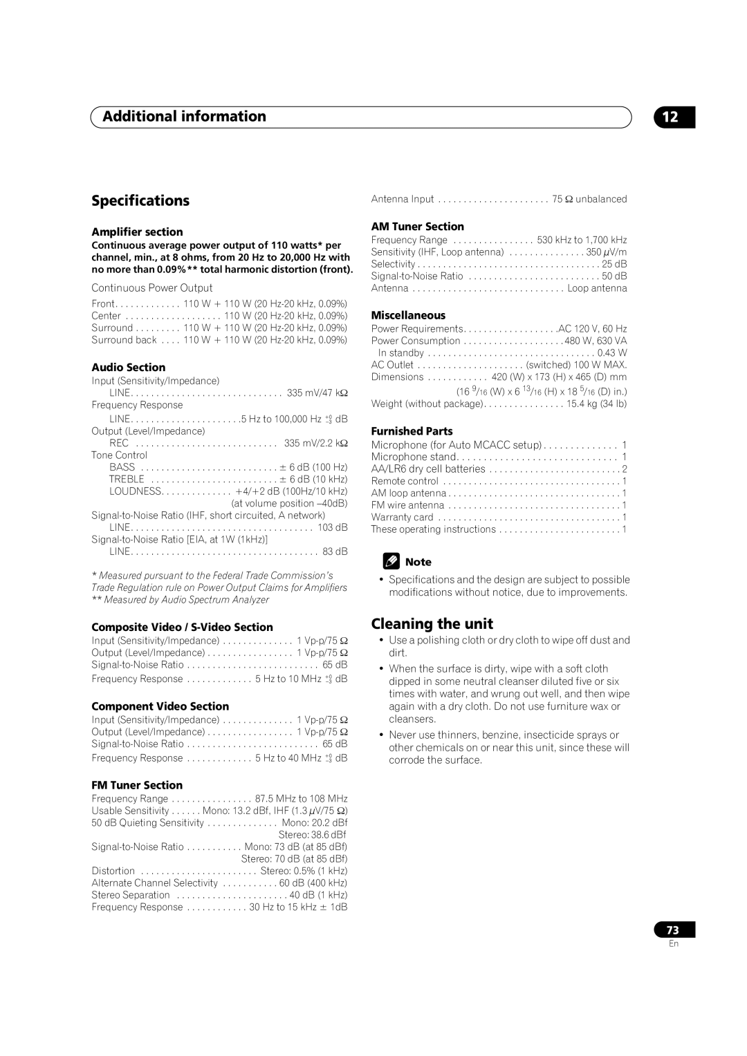 Pioneer VSX-1014TX manual Additional information Specifications, Cleaning the unit 