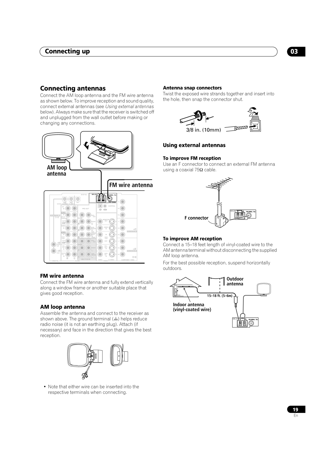 Pioneer VSX-1014TX manual Connecting up Connecting antennas, FM wire antenna, AM loop antenna, Using external antennas 