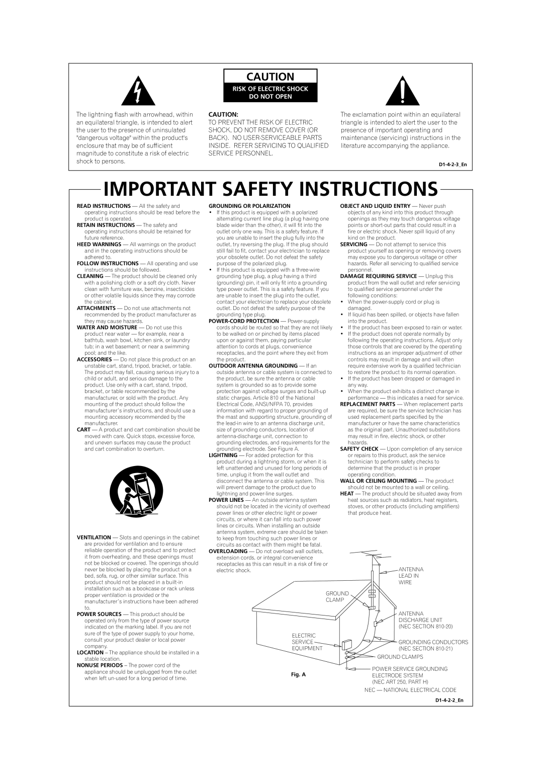 Pioneer VSX-1014TX manual Important Safety Instructions, Risk Of Electric Shock Do Not Open 
