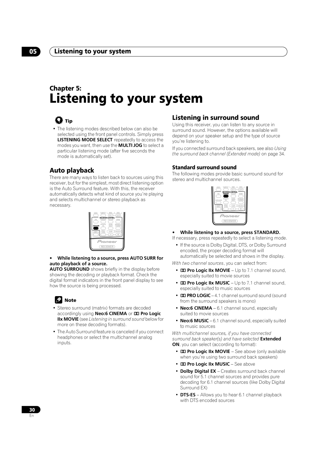 Pioneer VSX-1014TX manual 05Listening to your system Chapter, Listening in surround sound, Auto playback 