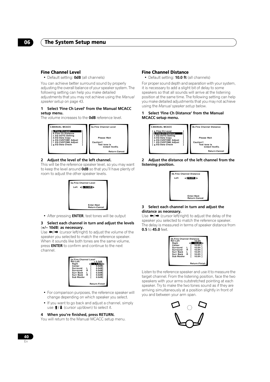 Pioneer VSX-1014TX manual 06The System Setup menu, Fine Channel Level, Fine Channel Distance 