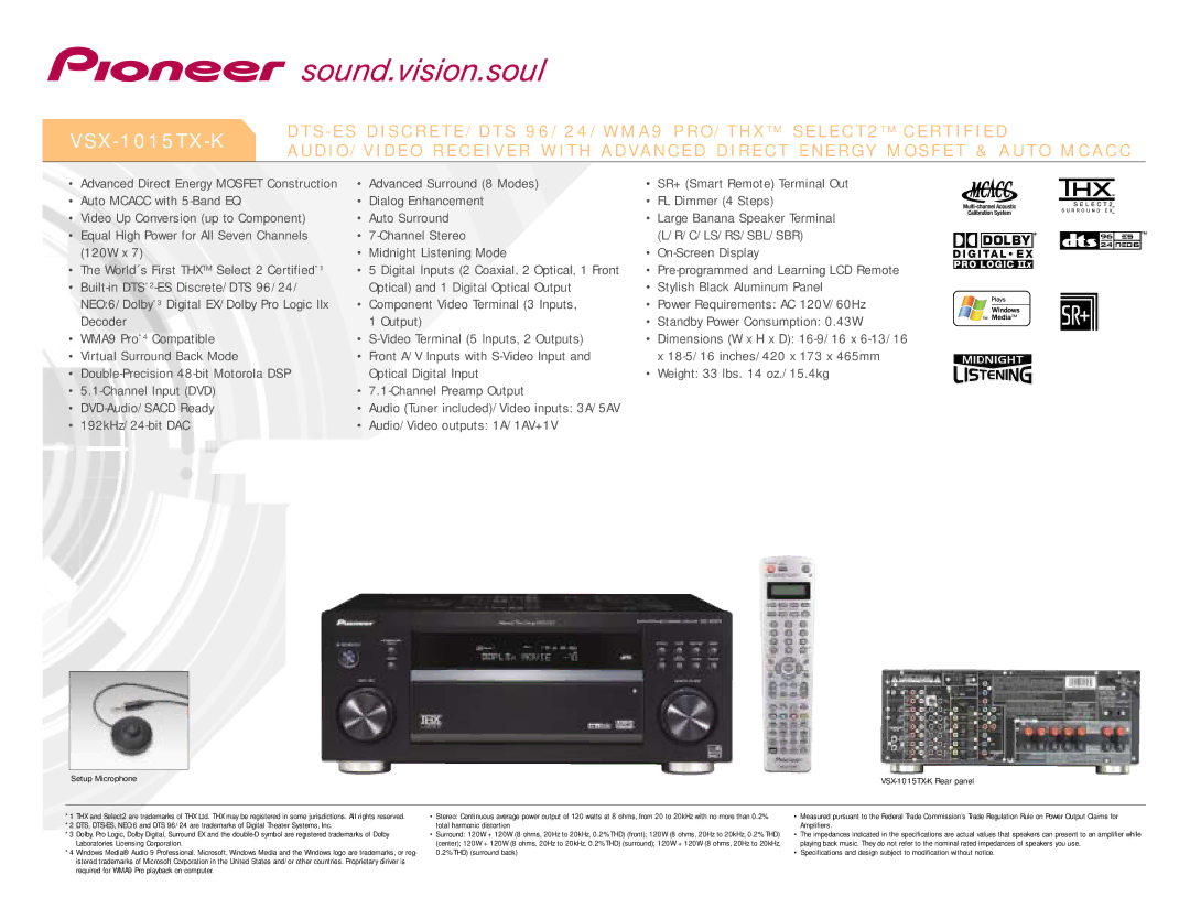 Pioneer specifications X 1 0 1 5 T X K, C/Ls/Rs/Sbl/Sbr, Setup Microphone VSX-1015TX-K Rear panel 