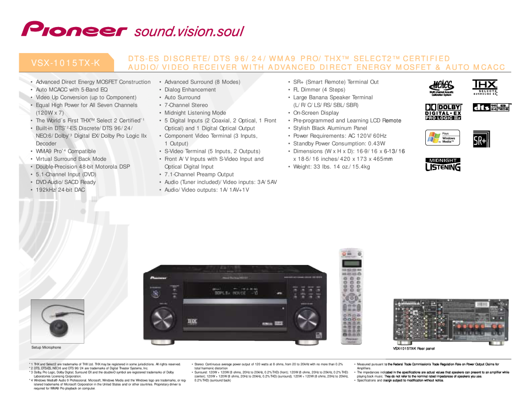 Pioneer VSX-1015TX-K specifications V S X - 1 0 1 5 T X - K 