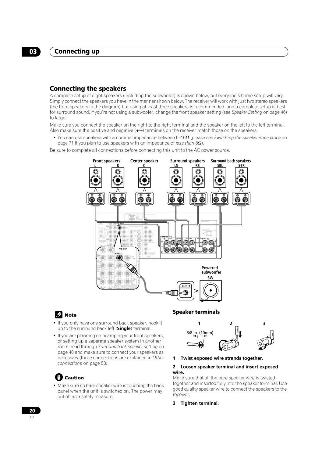 Pioneer VSX-1015TX operating instructions Connecting up Connecting the speakers, Speaker terminals, Tighten terminal 