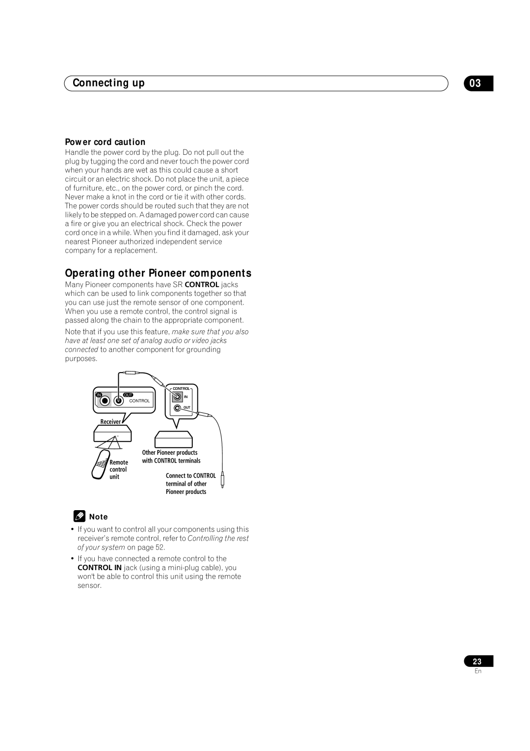 Pioneer VSX-1015TX operating instructions Operating other Pioneer components, Power cord caution 