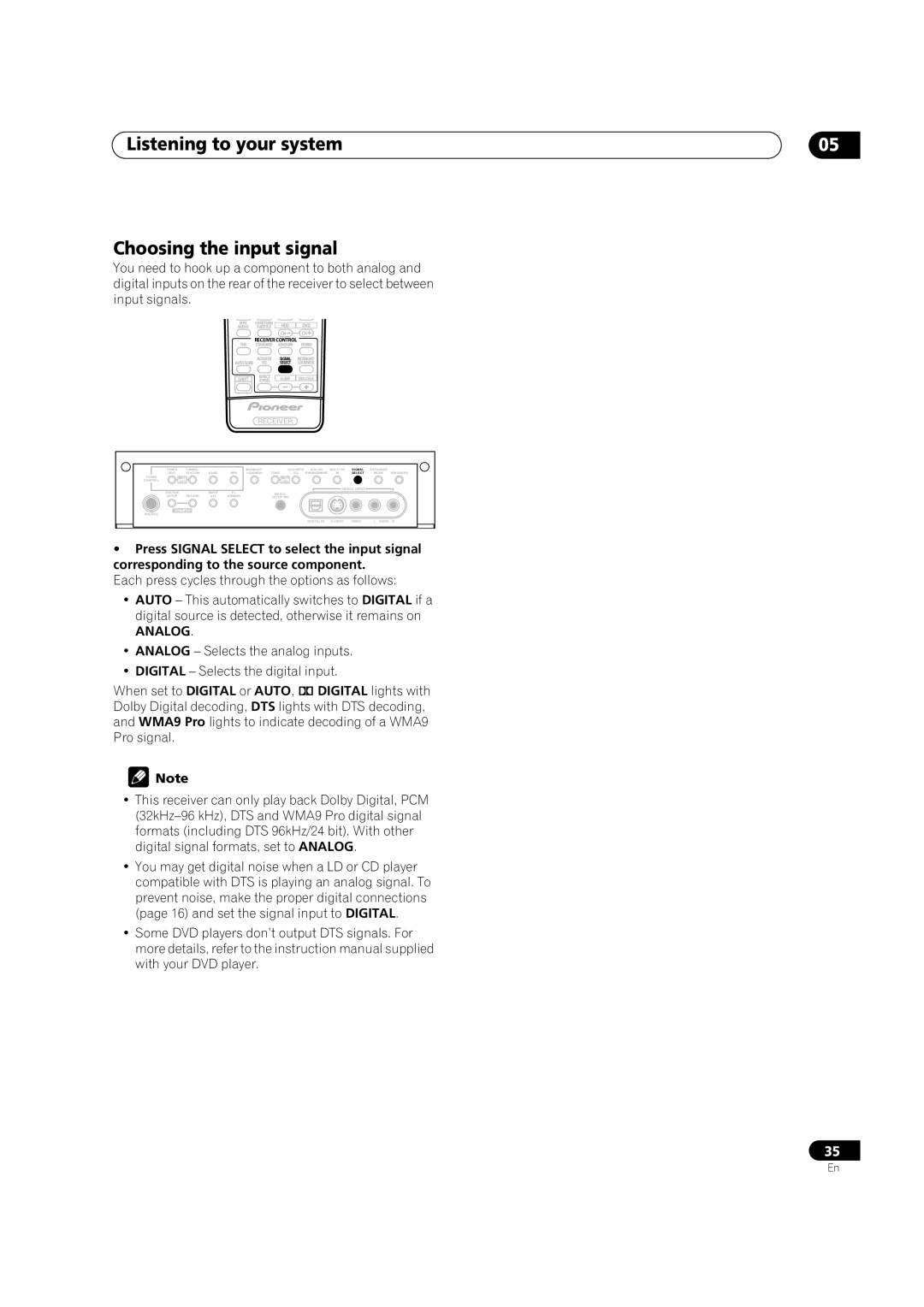 Pioneer VSX-1015TX operating instructions Listening to your system Choosing the input signal, Analog 