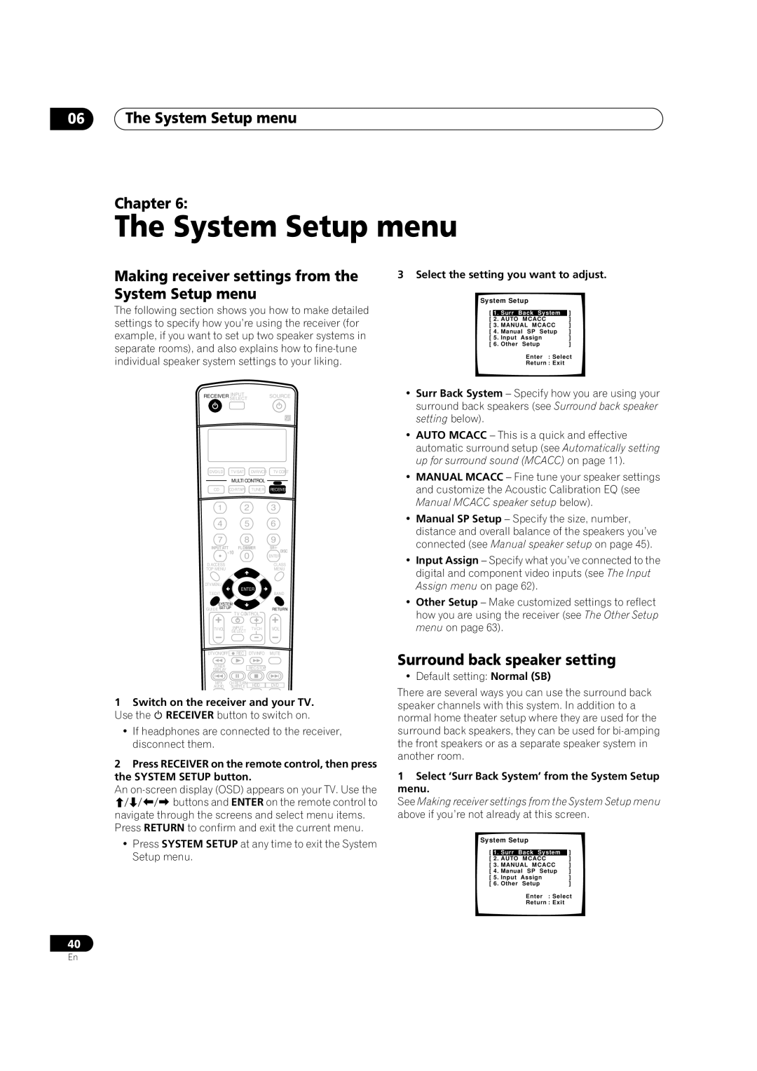 Pioneer VSX-1015TX System Setup menu Chapter, Making receiver settings from the System Setup menu 