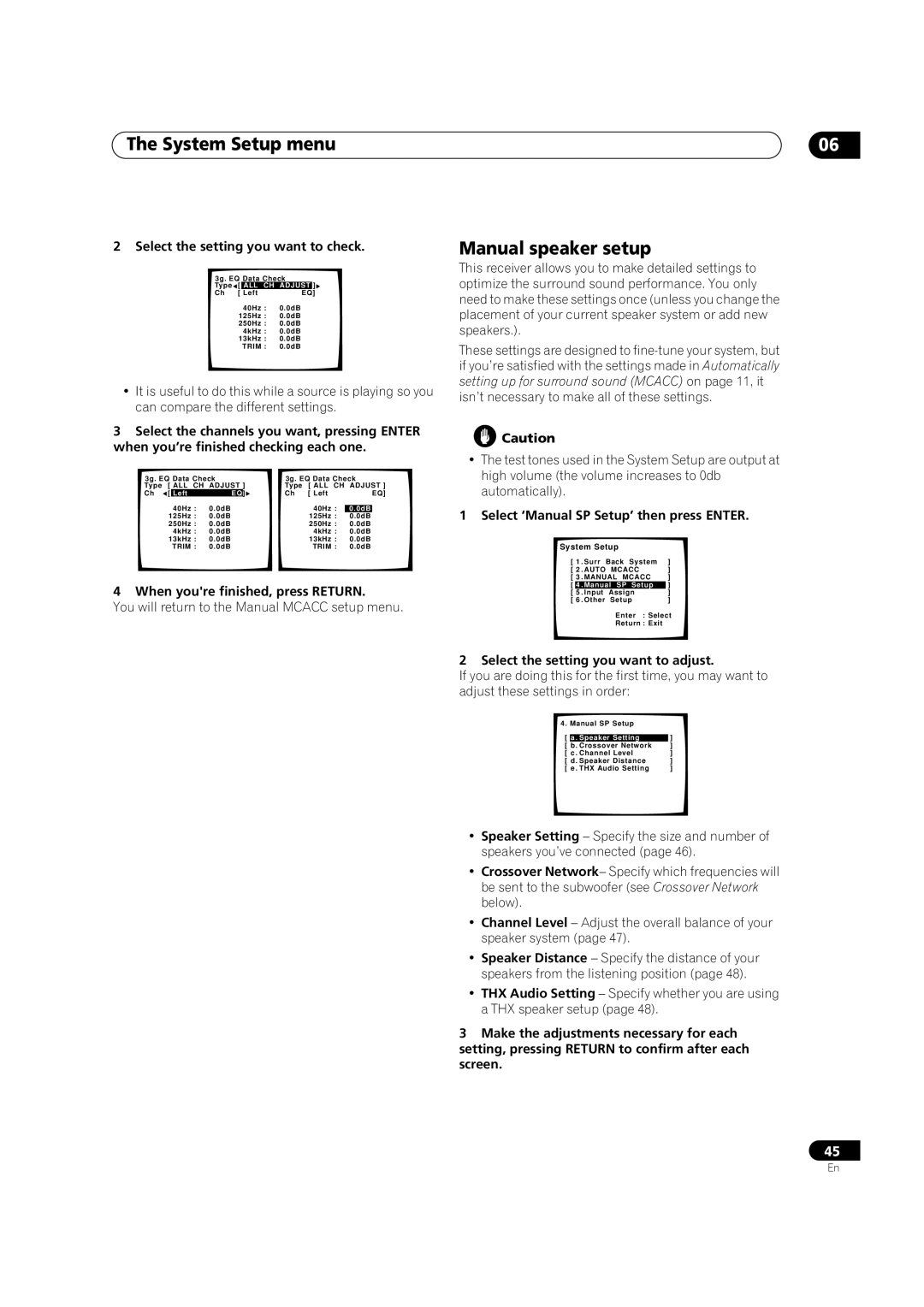 Pioneer VSX-1015TX Manual speaker setup, Select the setting you want to check, Select ‘Manual SP Setup’ then press Enter 