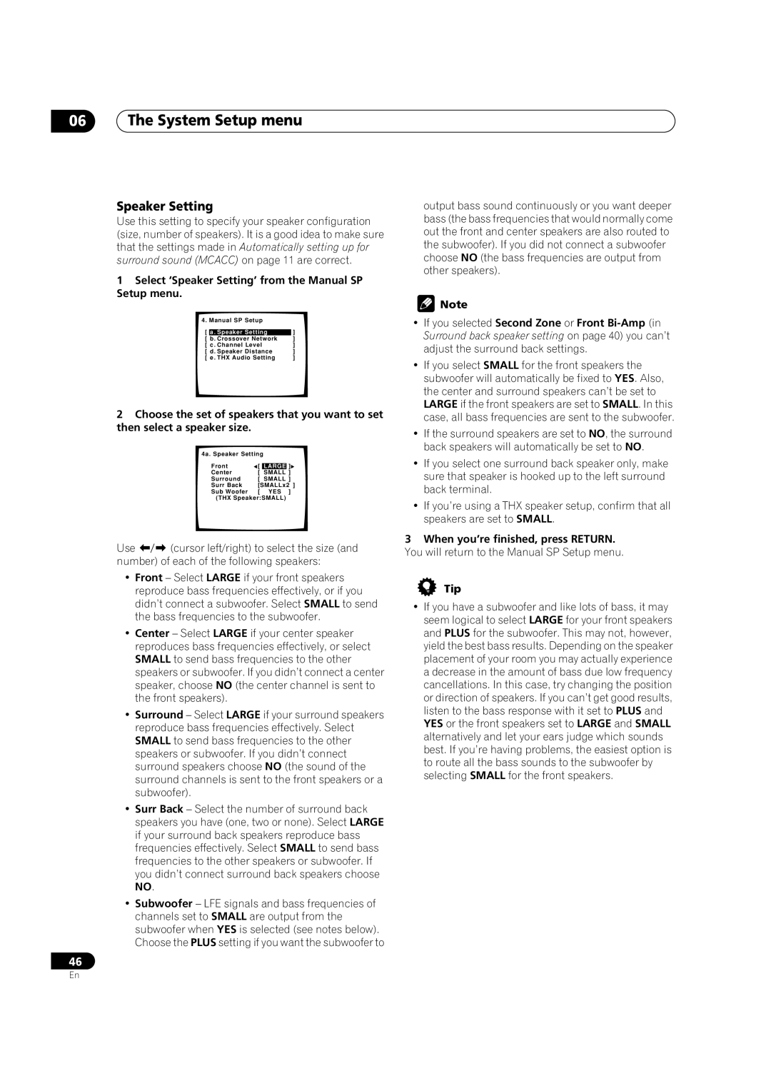 Pioneer VSX-1015TX operating instructions Select ‘Speaker Setting’ from the Manual SP Setup menu 