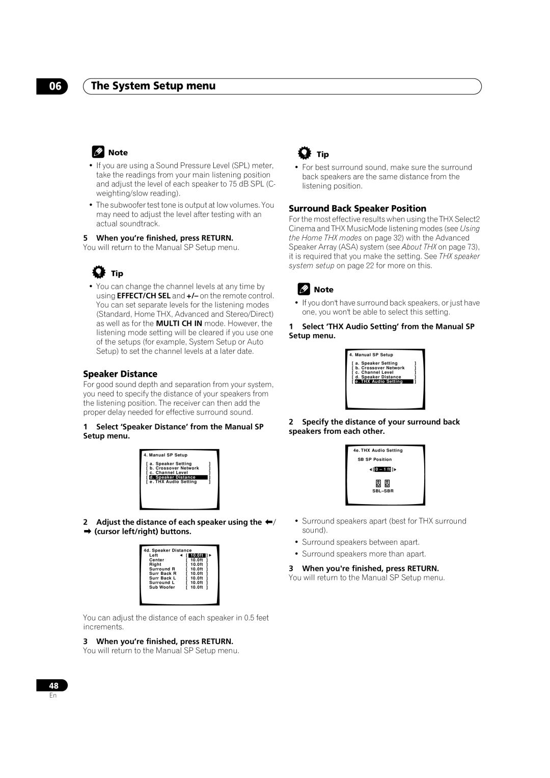 Pioneer VSX-1015TX operating instructions Speaker Distance, Surround Back Speaker Position 