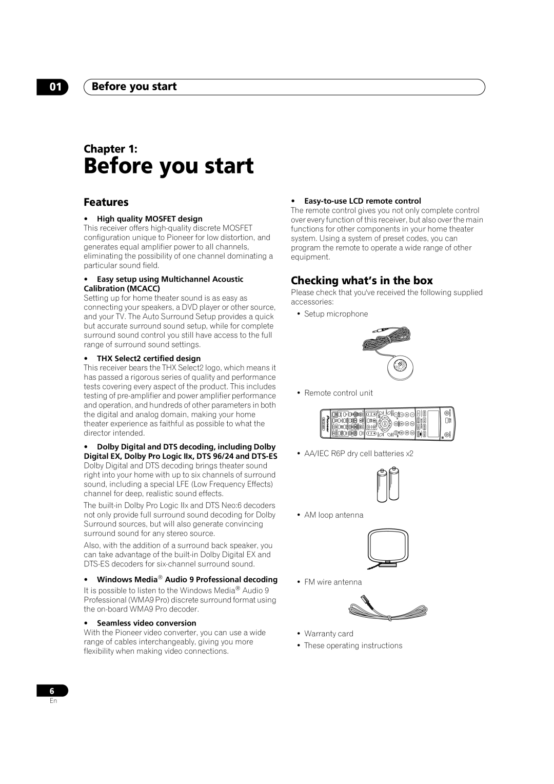 Pioneer VSX-1015TX operating instructions Before you start Chapter, Features, Checking what’s in the box 