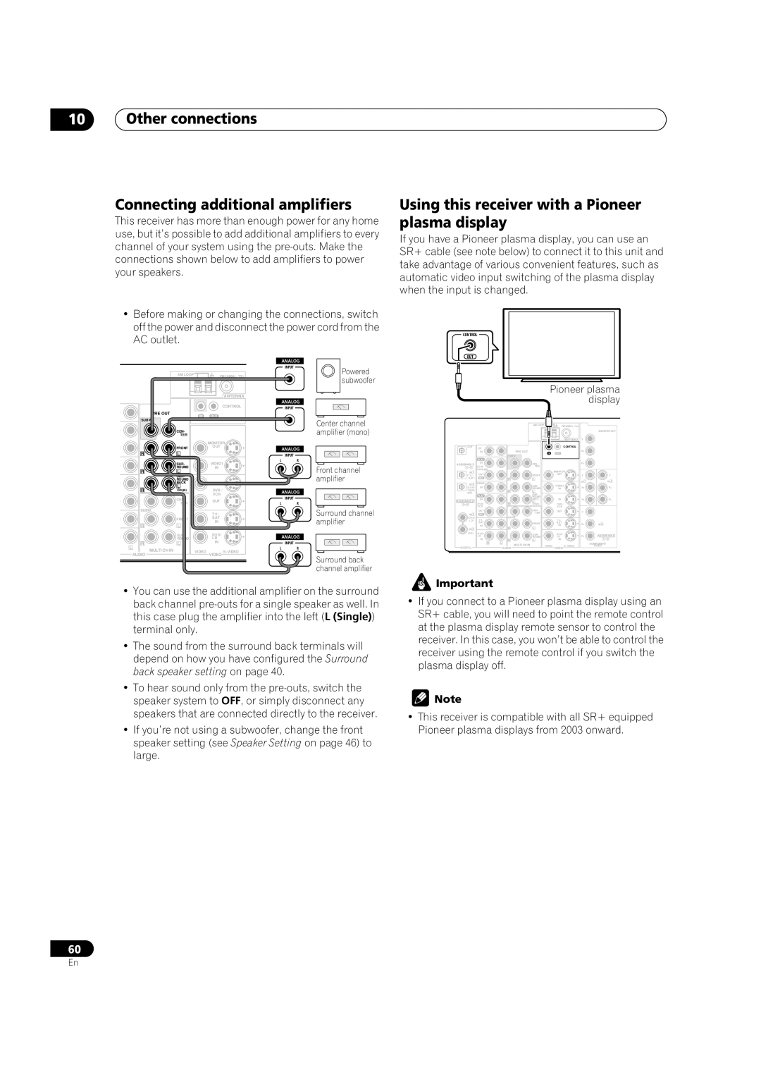 Pioneer VSX-1015TX Other connections Connecting additional amplifiers, Using this receiver with a Pioneer plasma display 