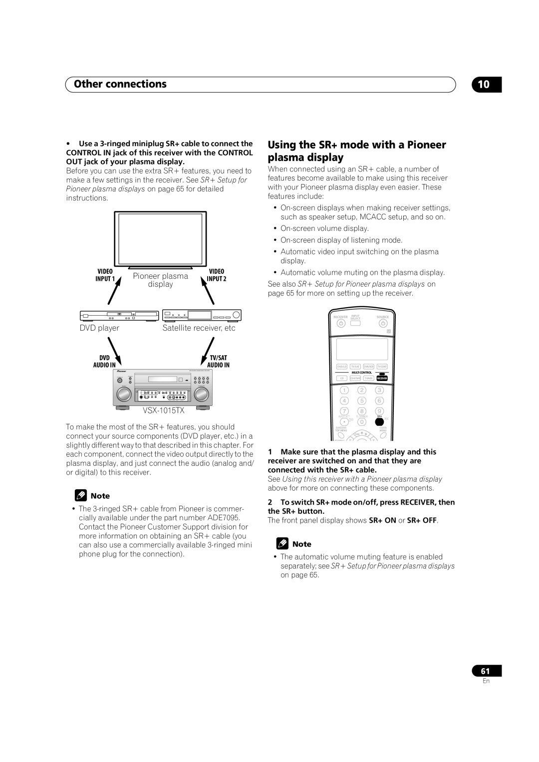 Pioneer VSX-1015TX operating instructions Other connections, Using the SR+ mode with a Pioneer plasma display, DVD player 