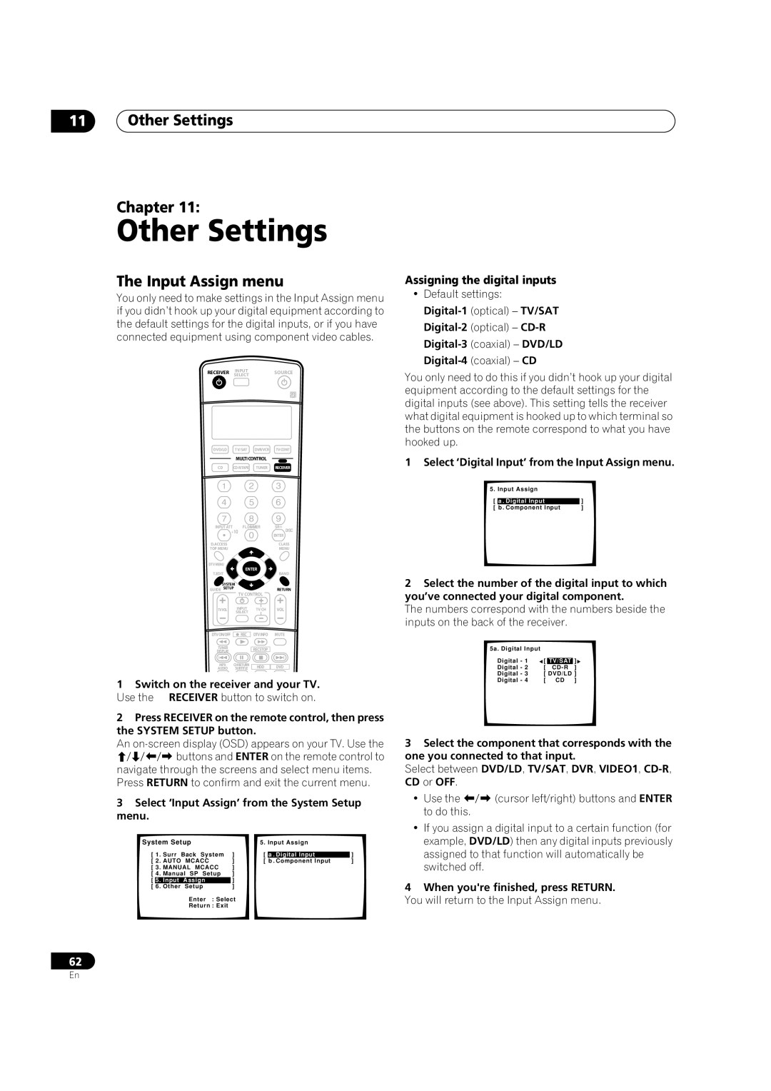 Pioneer VSX-1015TX operating instructions Other Settings Chapter, Input Assign menu, Assigning the digital inputs 