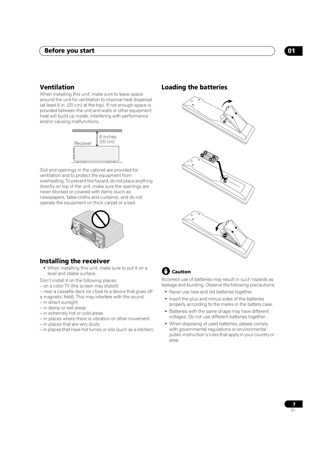 Pioneer VSX-1015TX operating instructions Before you start Ventilation, Installing the receiver, Loading the batteries 