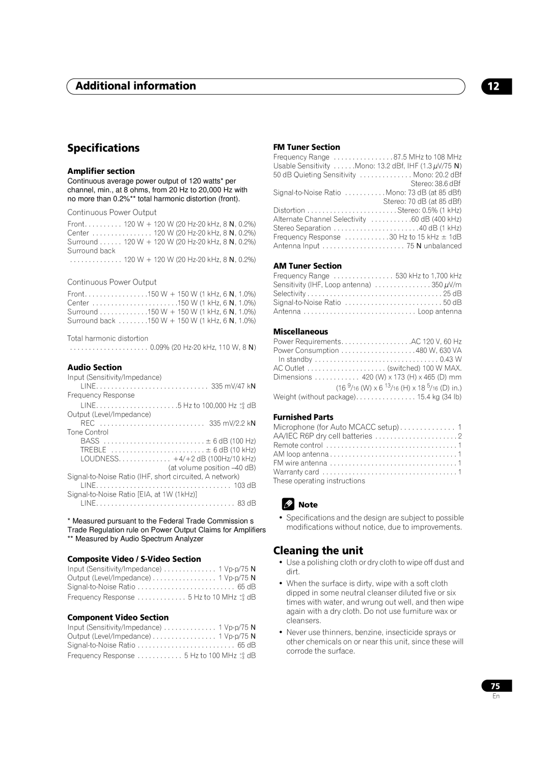 Pioneer VSX-1015TX operating instructions Additional information Specifications, Cleaning the unit 