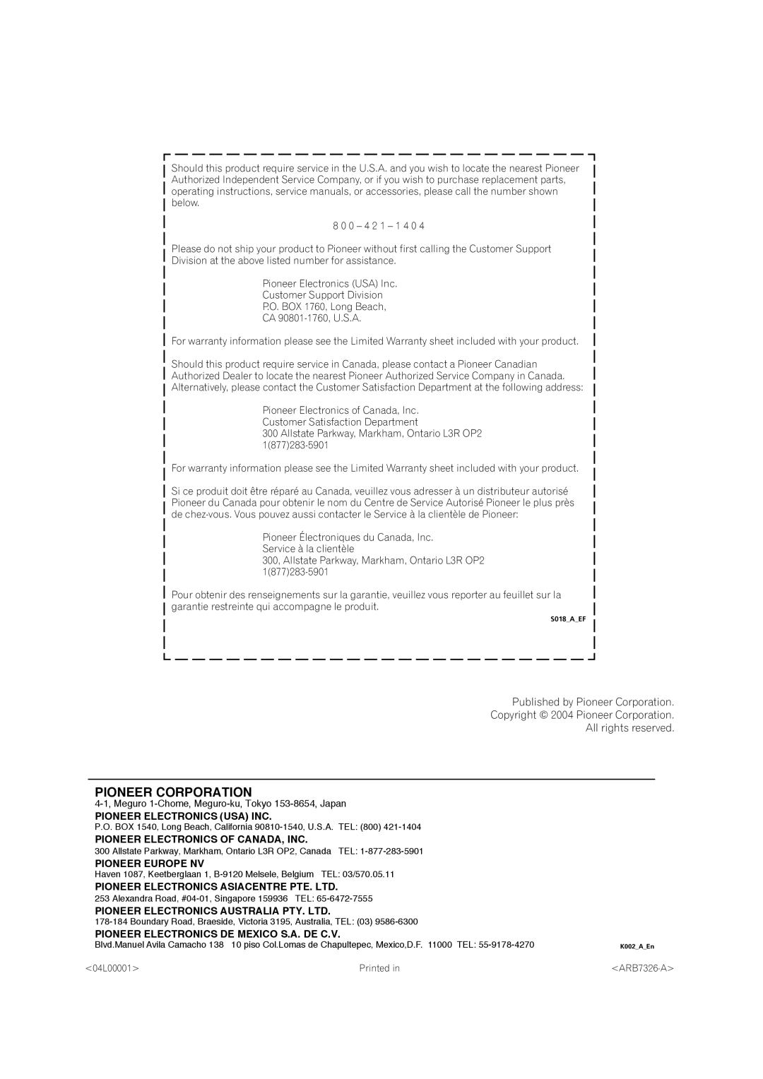 Pioneer VSX-1015TX operating instructions Pioneer Corporation 