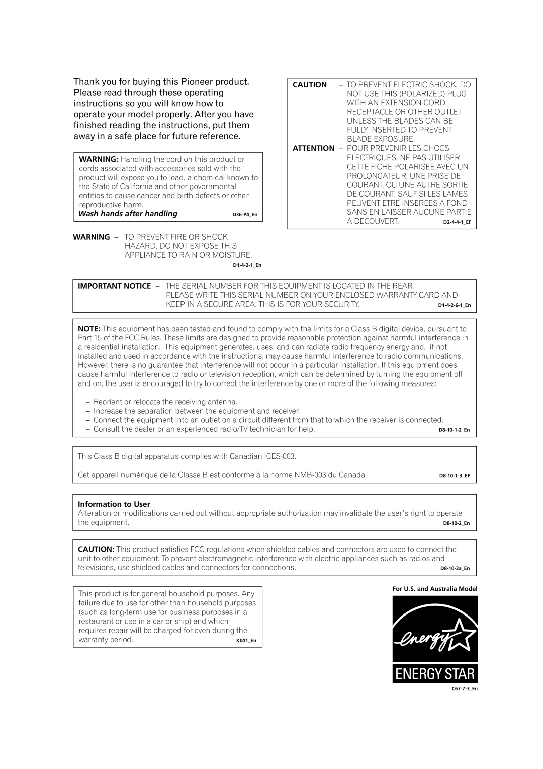Pioneer VSX-1015TX operating instructions Wash hands after handling, Information to User 