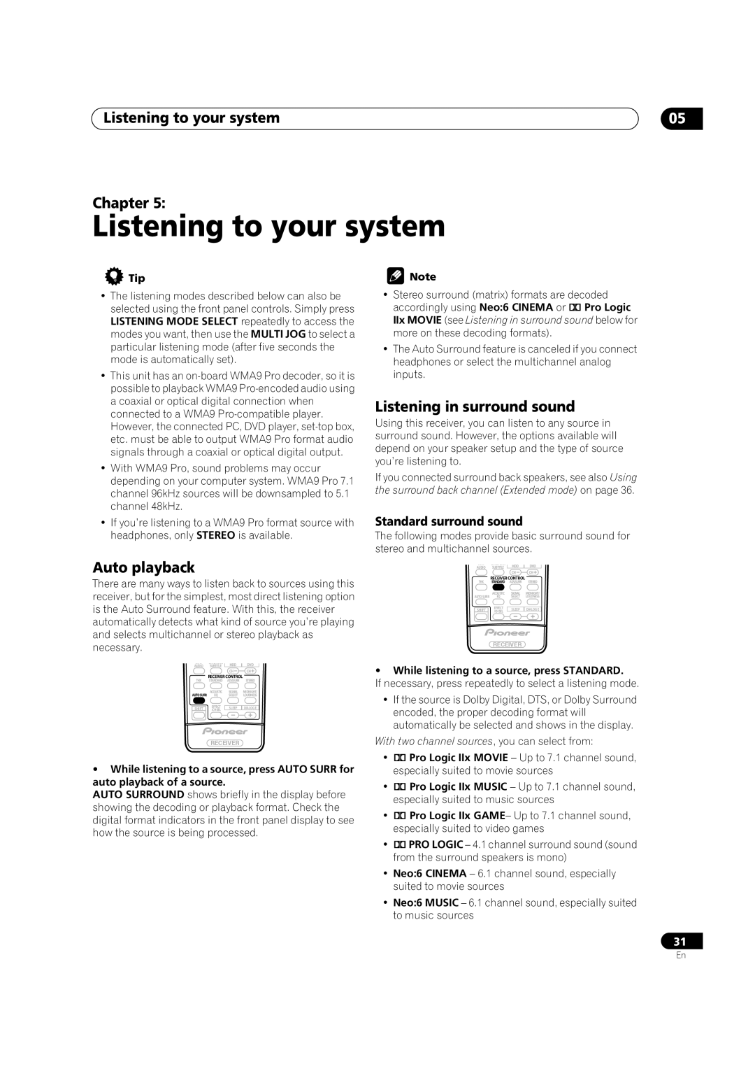 Pioneer VSX-1015TX Listening to your system, Chapter, Auto playback, Listening in surround sound, Standard surround sound 