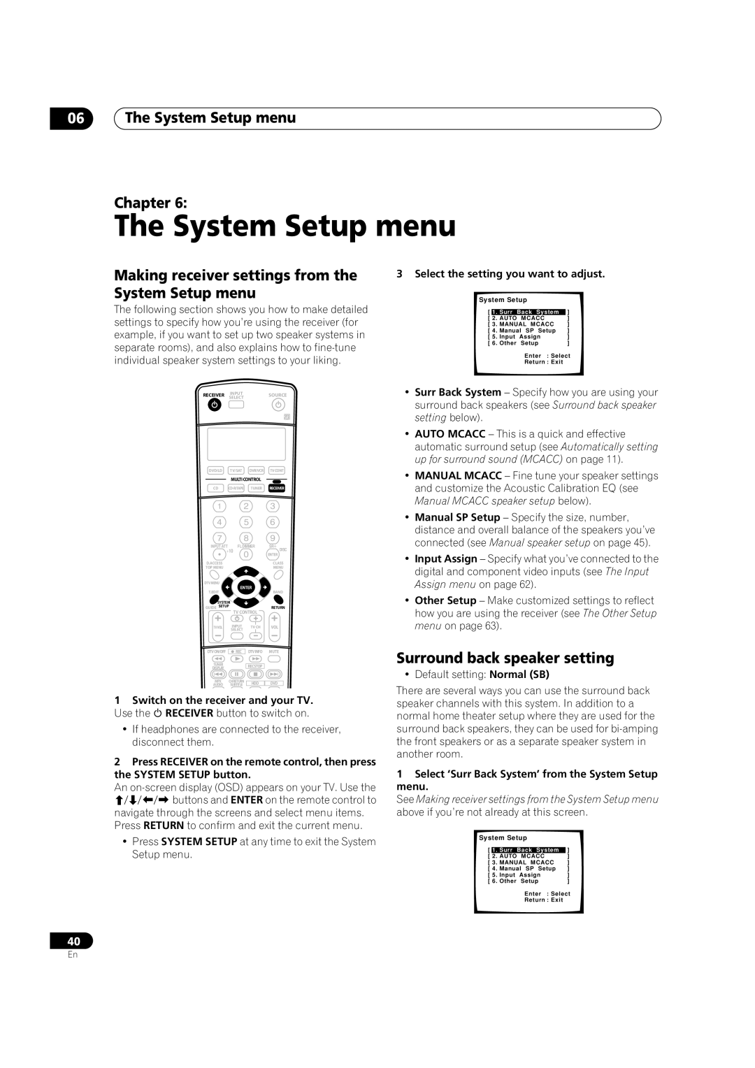 Pioneer VSX-1015TX operating instructions 06The System Setup menu Chapter, Surround back speaker setting 