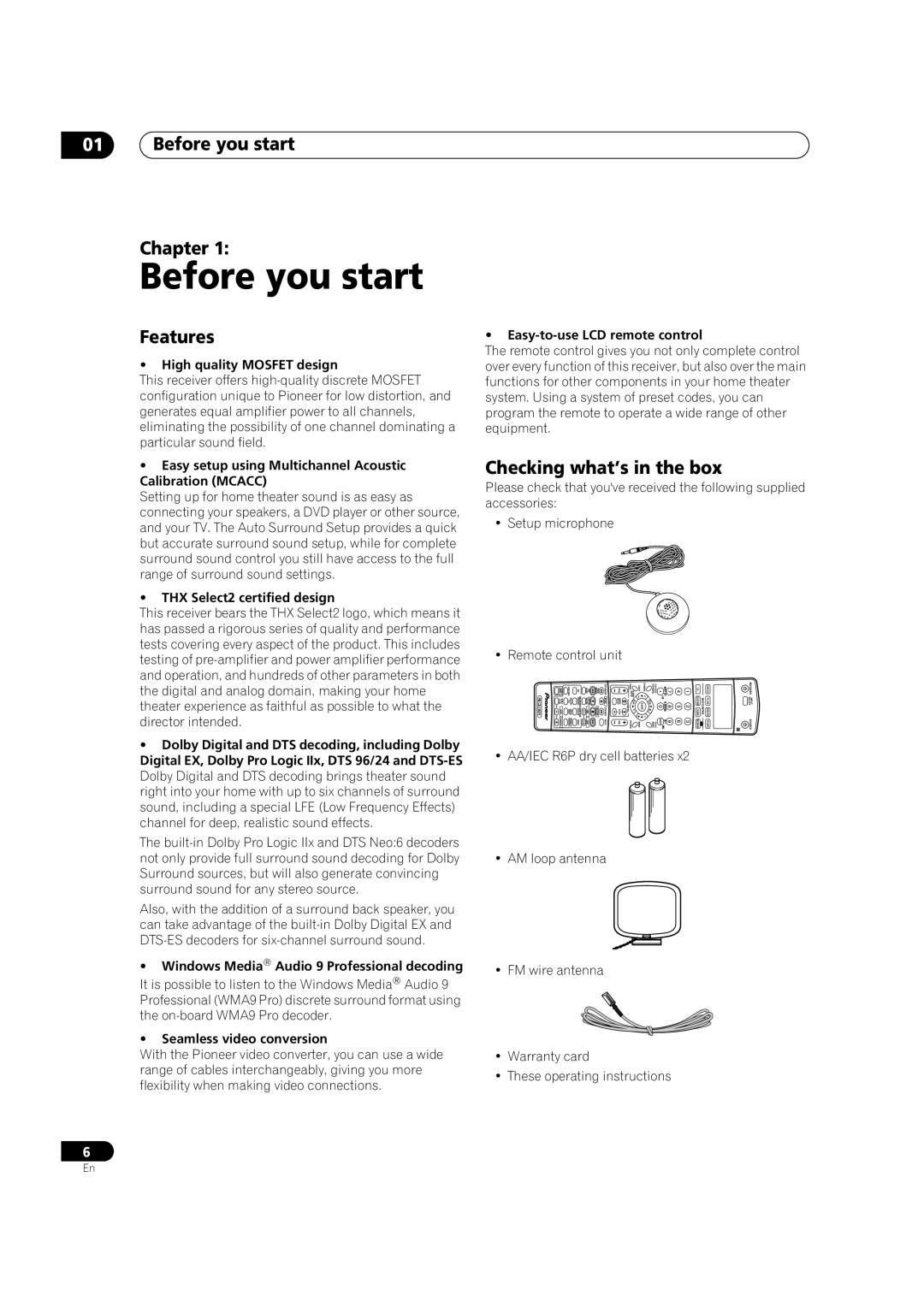 Pioneer VSX-1015TX operating instructions 01Before you start Chapter, Features, Checking what’s in the box 
