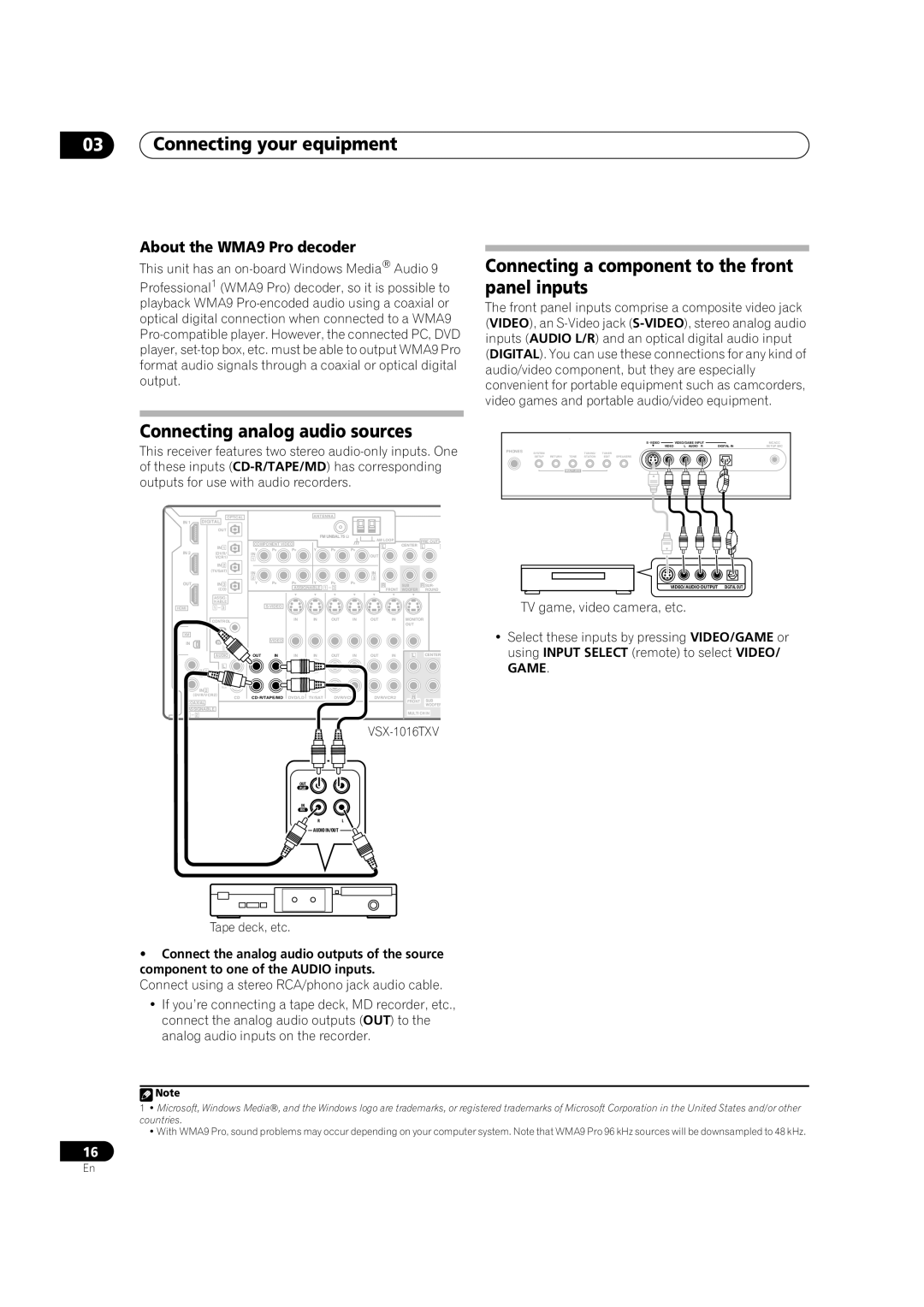 Pioneer VSX-1016TXV-K Connecting a component to the front panel inputs, Connecting analog audio sources, Tape deck, etc 