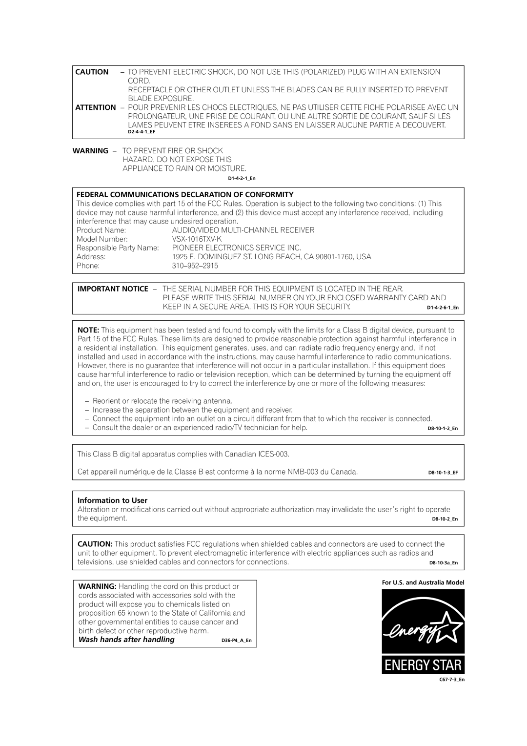 Pioneer Federal Communications Declaration of Conformity, Model Number VSX-1016TXV-K Responsible Party Name 