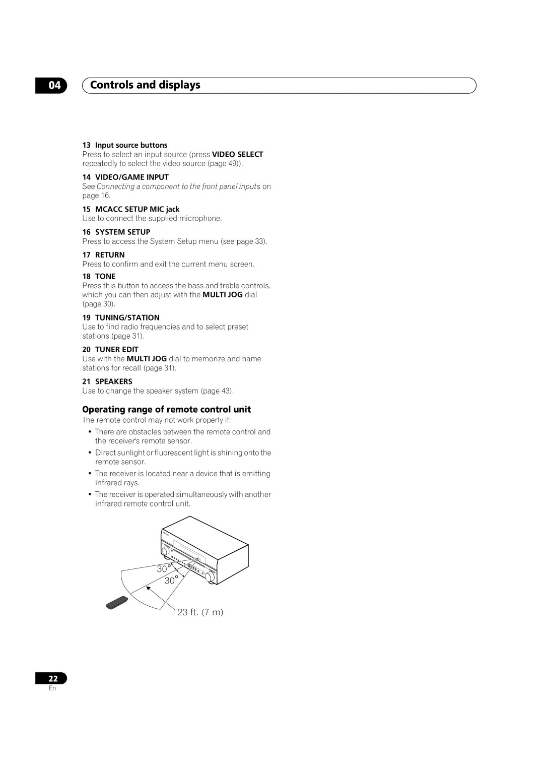 Pioneer VSX-1016TXV-K operating instructions Controls and displays, Operating range of remote control unit 