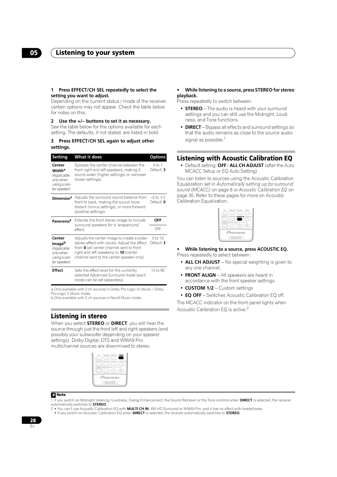 Pioneer VSX-1016TXV-K operating instructions Listening with Acoustic Calibration EQ, Listening in stereo 