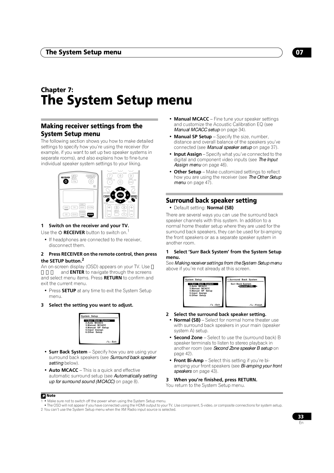 Pioneer VSX-1016TXV-K System Setup menu Chapter, Making receiver settings from the System Setup menu 