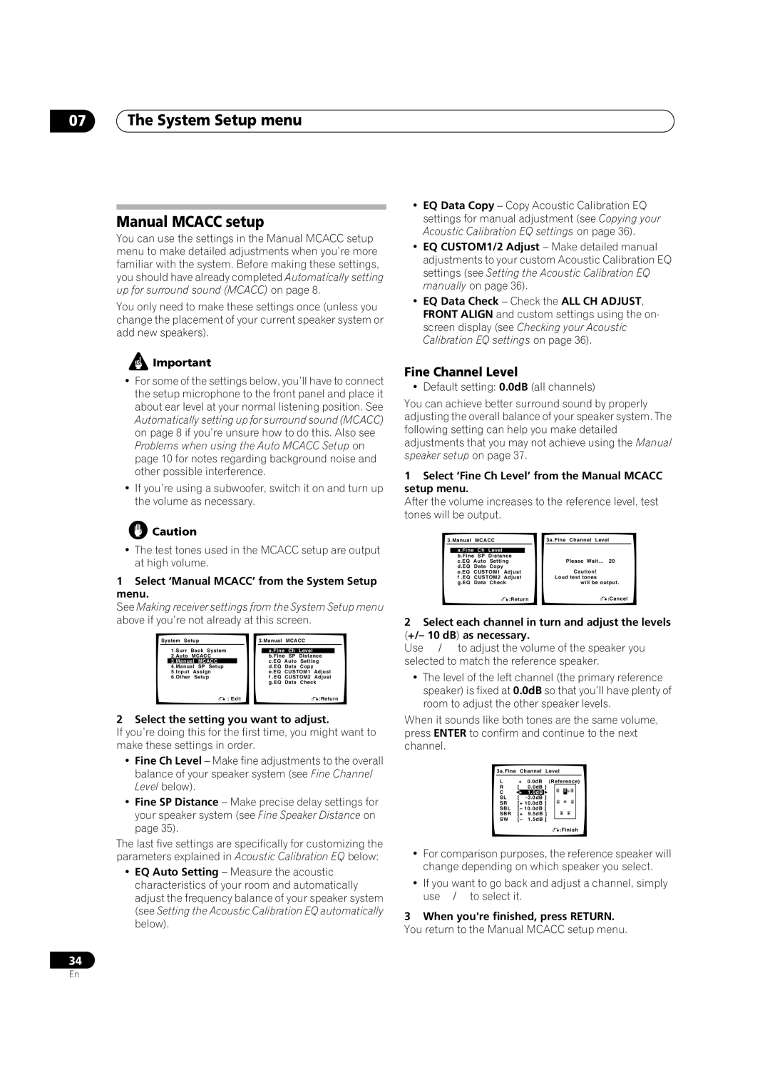 Pioneer VSX-1016TXV-K operating instructions System Setup menu Manual Mcacc setup, Fine Channel Level 