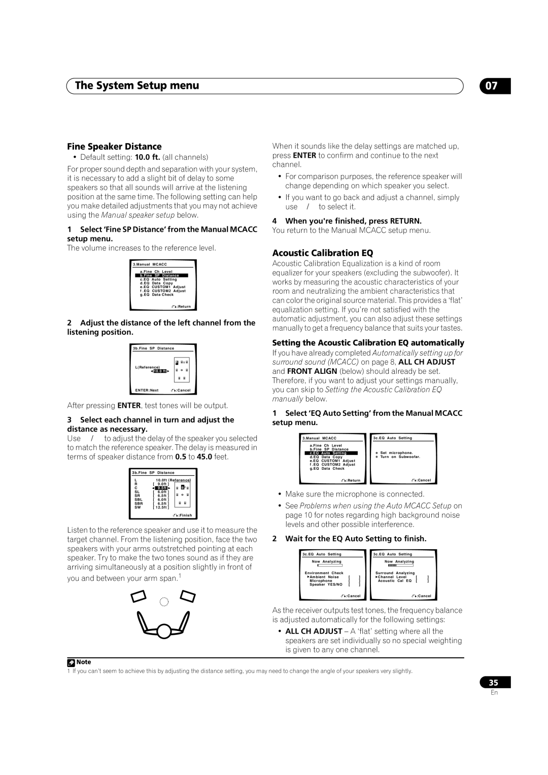 Pioneer VSX-1016TXV-K operating instructions System Setup menu, Fine Speaker Distance, Acoustic Calibration EQ 