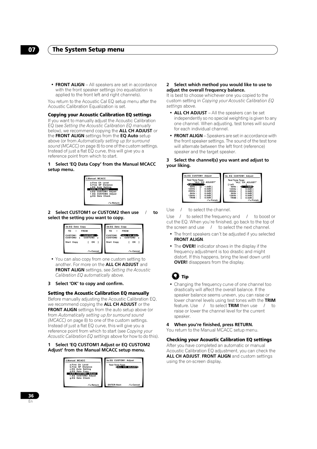 Pioneer VSX-1016TXV-K Copying your Acoustic Calibration EQ settings, Setting the Acoustic Calibration EQ manually 