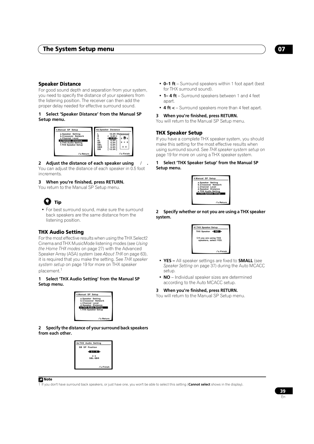 Pioneer VSX-1016TXV-K operating instructions Speaker Distance, THX Speaker Setup, THX Audio Setting 