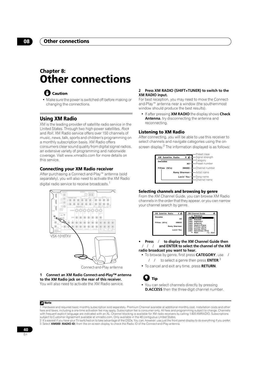 Pioneer VSX-1016TXV-K Other connections Chapter, Using XM Radio, Connecting your XM Radio receiver 