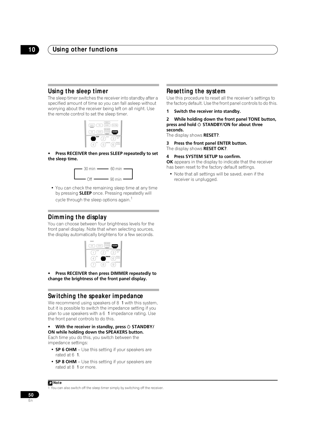 Pioneer VSX-1016TXV-K Using other functions Using the sleep timer, Resetting the system, Dimming the display 