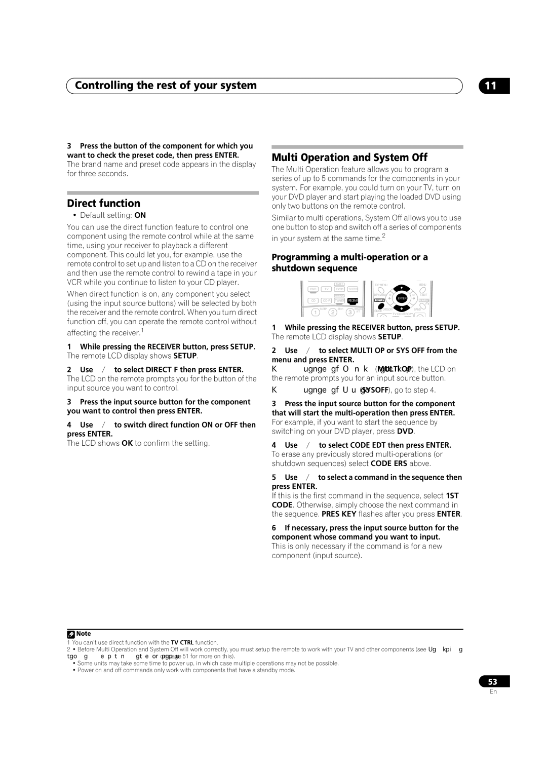 Pioneer VSX-1016TXV-K Direct function, Multi Operation and System Off, Use to select Code EDT then press Enter 